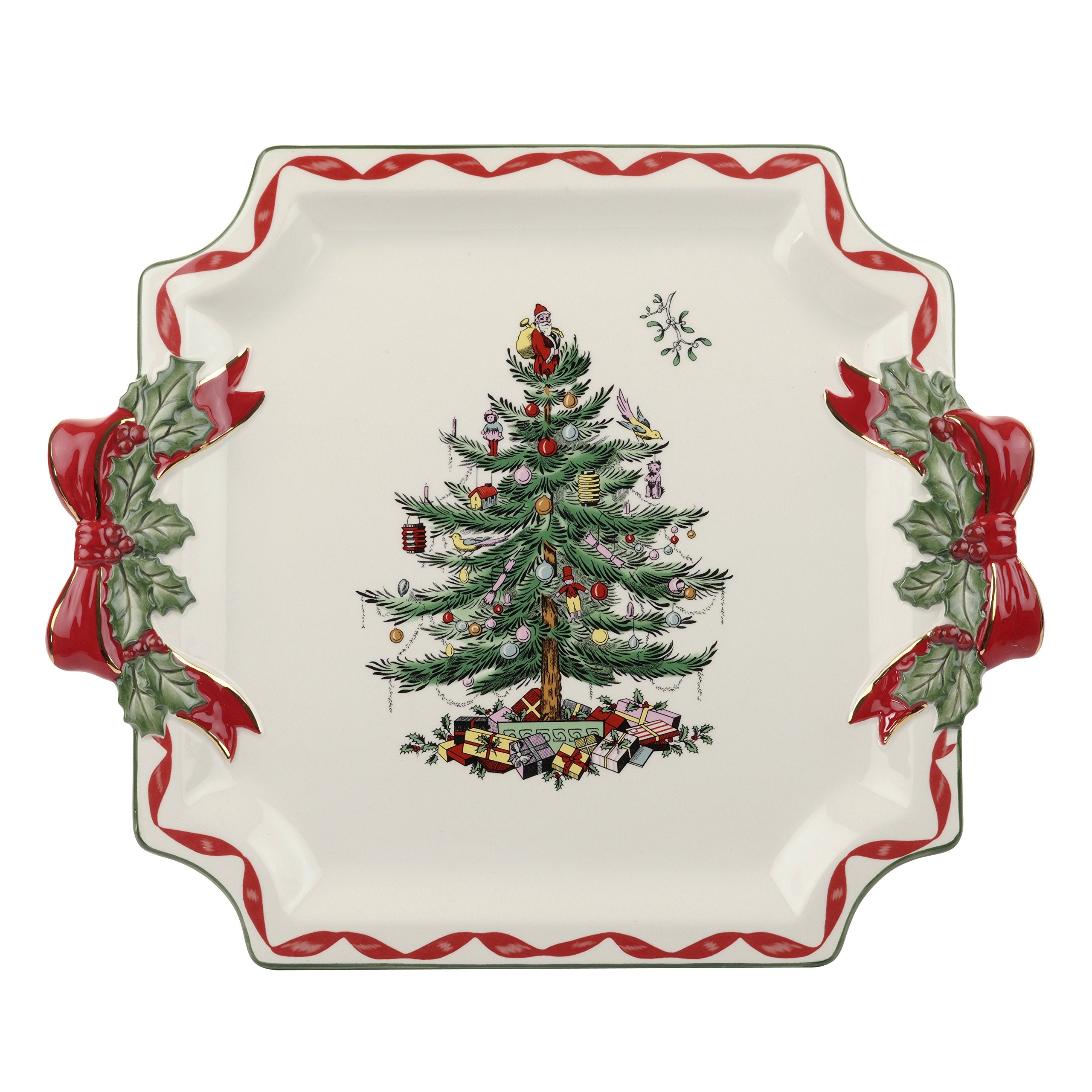 Spode Christmas Tree Ribbons Canape Platter - 6.5-Inch Holiday Serving Plate for Desserts, Appetizers, and Treats - Festive Earthenware Christmas Dinnerware with Gold Accents - Dishwasher Safe